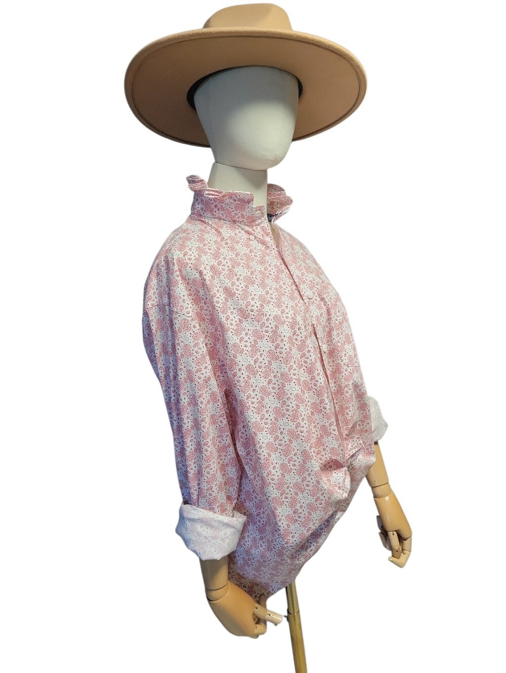 Upcycled Women's Western Red Paisley Pattern Ruffle Collar Top